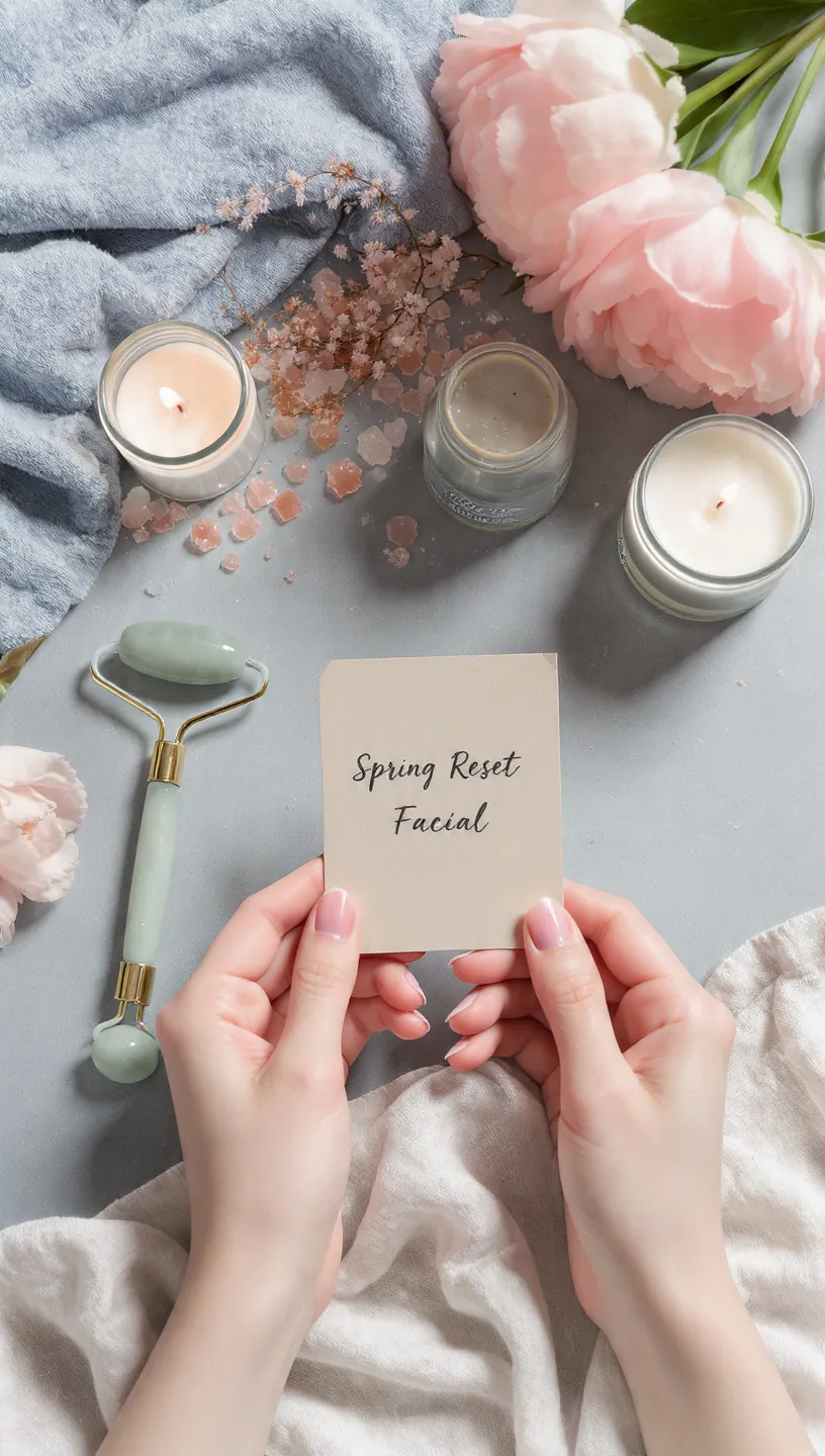 Hands holding a Spring Reset Facial card beside candles and a jade roller